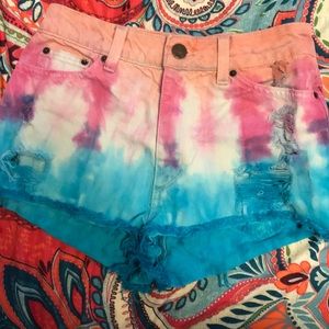 Tie-dye high waisted distressed jean shorts